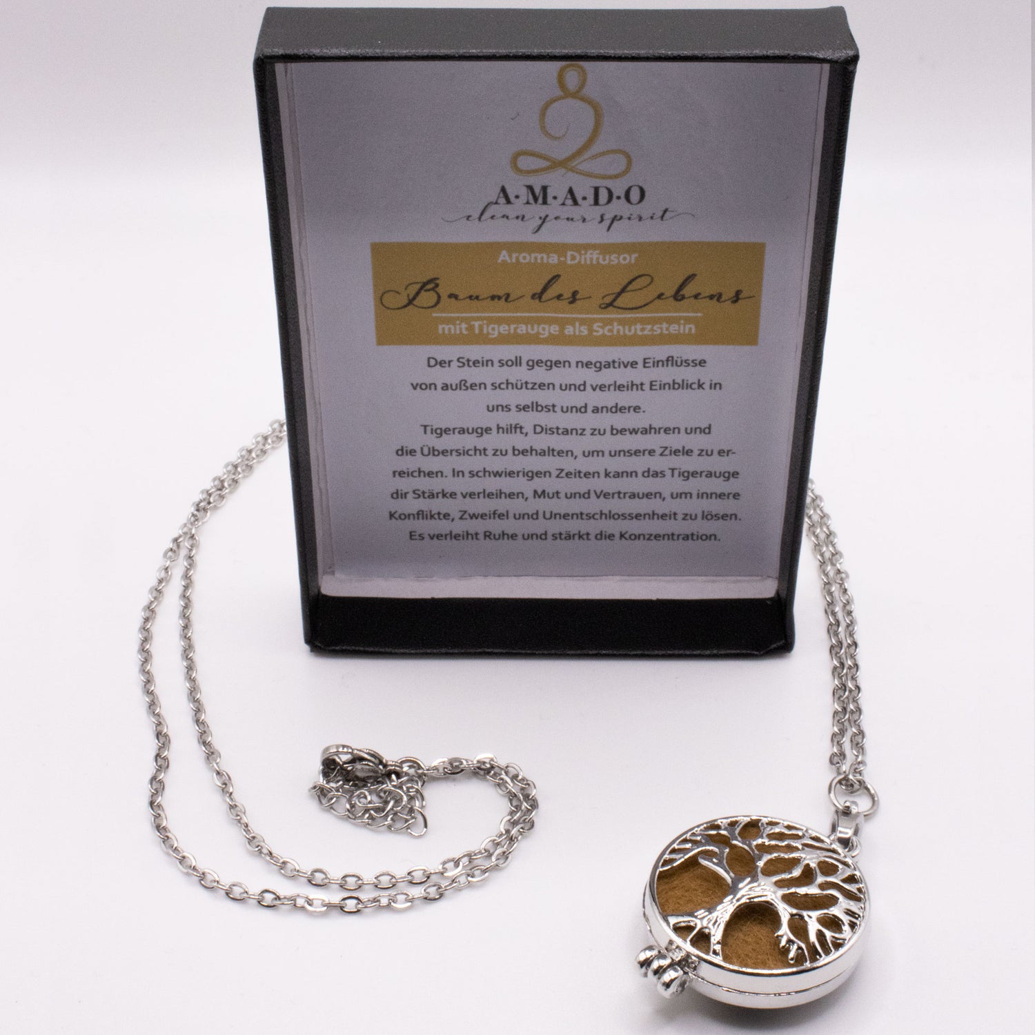 A.M.A.D.O Tigerauge-Medaillon "Baum des Lebens" - Ätherisches Öl Duft Diffusor Kette edel - AMADO-SelfCare